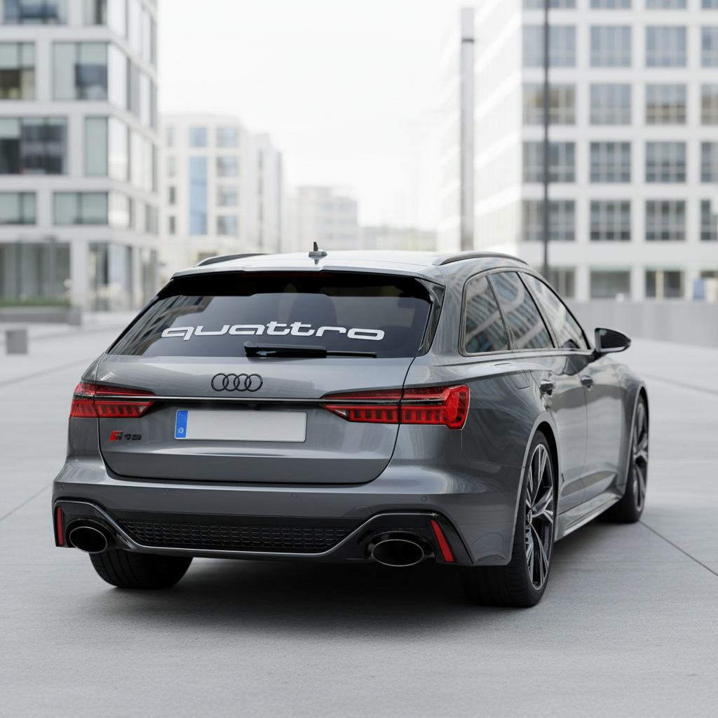 Silver quattro vinyl decal displayed across the rear window of a modern Audi estate